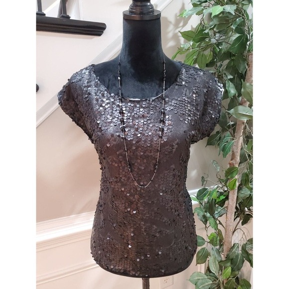 Black Gold Women Sequin Polyester Round Neck Short Sleeve Top Blouse Size Medium - Picture 10 of 11
